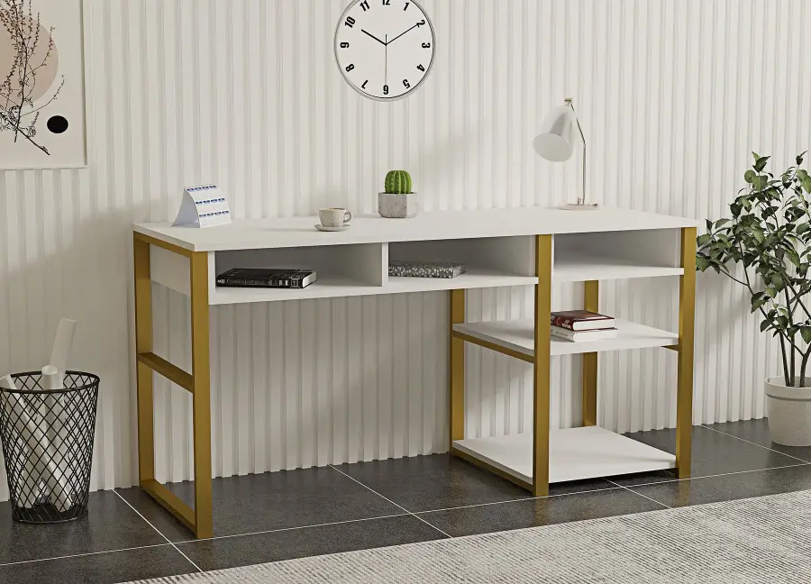 Psací stůl EMRO – Bílá / Zlatá ASIRGROUP (foto 2)