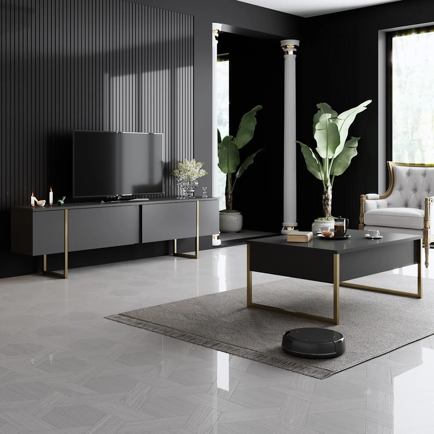 Obývací stěna LUXE – Antracitová / Zlatá ASIRGROUP