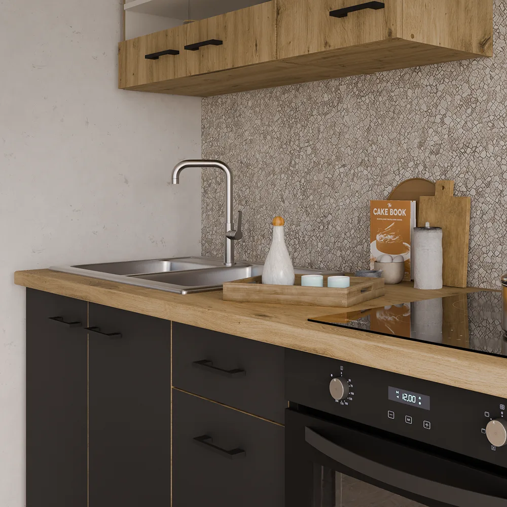 Skříňka na vestavěnou lednici, černý mat / dub artisan, Monro 60 LO-210 2F Kondela (foto 5)