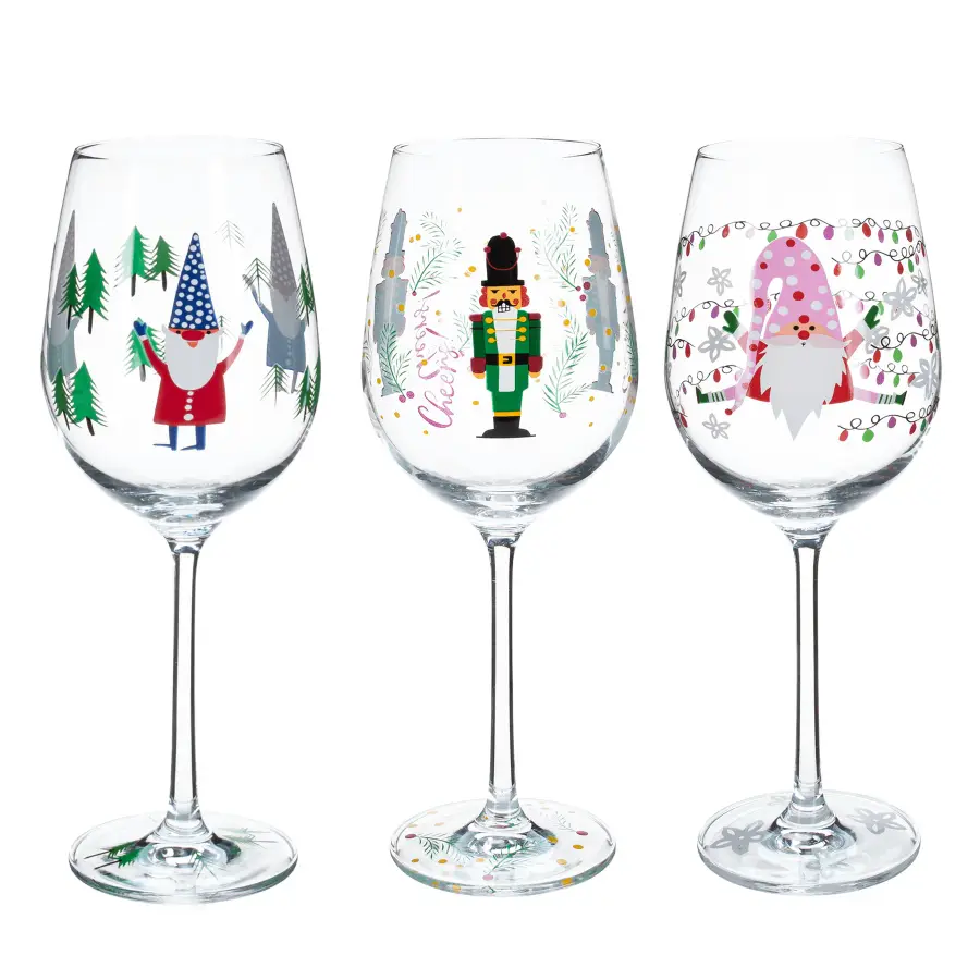TEMPO-KONDELA TIPSY TRIO, sklenice na víno, set 3 ks, 450 ml, čiré se zimním motivem Kondela