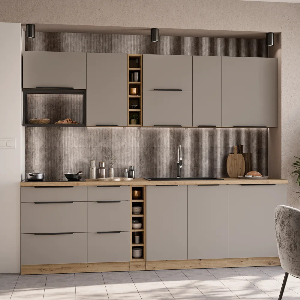 Vysoká skříňka na vestavnou troubu, sandgrau/dub artisan, FRISBO 60 DPS-210 3S1F Kondela (foto 5)